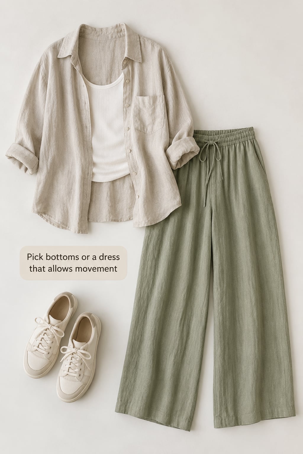 Pick bottoms or a dress that allows movement