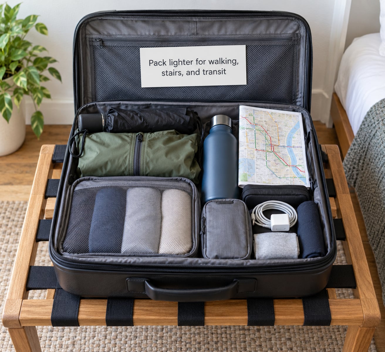 Pack lighter for walking, stairs, and transit